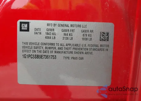 2014 Chevrolet Cruze 1Lt Auto z USA, uszkodzony, nr VIN 1G1PC5SB9E7361753